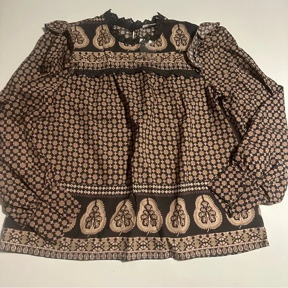 New Anthropology Women Mine Ballon Sleeves Ruffle Size Large Gray Tan Blouse - Picture 1 of 8